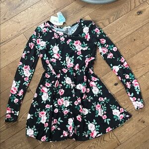 Pinc Black Floral ladies Dress tunic top stretch soft cozy long sleeve crew neck